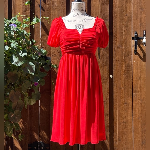 Tahari ASL Puff Sleeve Mini Dress Ruched Bodice in Grenadine Red Size 2, NWT - Picture 1 of 7